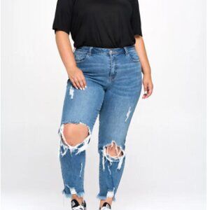 Women’s Medium Wash High Rise Distressed Raw Hem Straight Stretch Denim Jeans